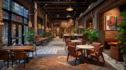  a restaurant with tables, chairs, and potted plants in the center of the room with a checkerboard floor and a brick wall with a bar in the background.