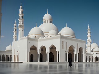A beautiful minimalist white mosque with clear weather. Islamic images. Copy Space.