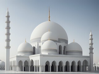 Fototapeta na wymiar A beautiful minimalist white mosque with clear weather. Islamic images. Copy Space.