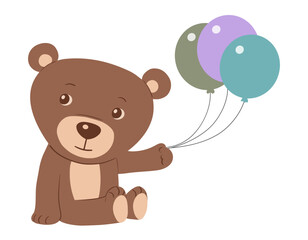 Teddy bear toy with balloons. Kind bear on a white background. Character for children. Cute animal for a postcard. Cartoon vector isolated illustration