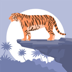 Tiger in the jungle. Big wild cat. Strong animal predator. Striped orange skin. Fauna and zoo. Flat vector illustration. Green jungle. Wildlife background
