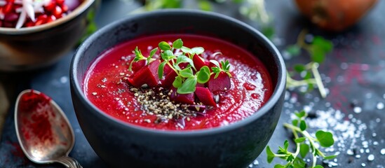 A delicious bowl of beet soup, made with fresh produce and served on a table with a spoon. Try this plant-based recipe for a flavorful soup dish!