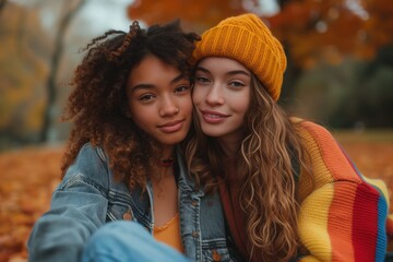 Lesbian couple. Beautiful caucasian and black woman have romantic date, at autumn