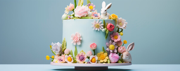 An exquisite cake adorned with pastel flowers and a sculpted rabbit, symbolizing celebration, springtime, and elegance on a serene blue background.