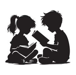Boy & girl reading book set silhouette vector illustration.