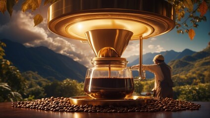Advertising image of coffee brewing, tea drink, coffee beans