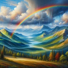 Rainbow in the mountains. Nature landscape. Artistic painting. 