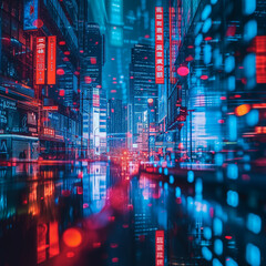 Futuristic Cyber Cityscape with Neon Lights Reflection
