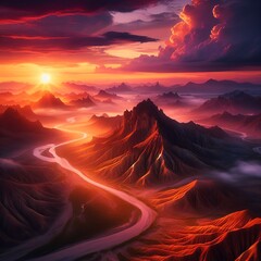 Fantasy alien planet. Mountain and road. Beautiful nature background. 