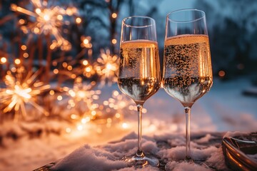 Two glasses of champagne are elegantly placed on top of a table covered in glistening snow.;