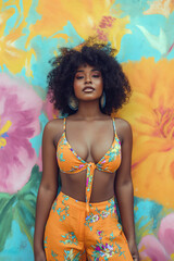 A afro woman wearing a bikini top and shorts stands confidently in front of a vibrant flower wall.;