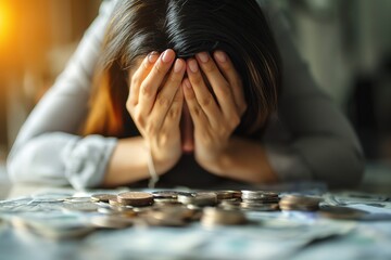 A woman is seen covering her face with her hands as she stands over a substantial amount of coins.