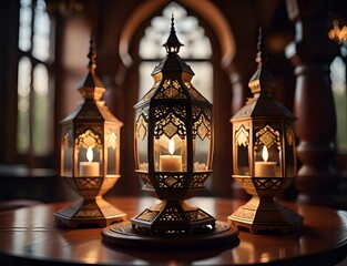 Ergonomic Elegant ornamental islamic lantern on a wooden table makes a perfect ambience for Ramadan or Eid. Copy Space.