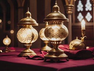 Ergonomic Elegant ornamental islamic lantern on a red velvet makes a perfect ambience for Ramadan or Eid. Copy Space.
