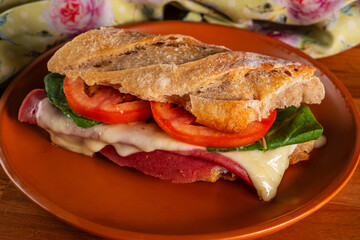artisanal baguette sandwich with melted mozzarella, mortadella, arugula and tomato slices
