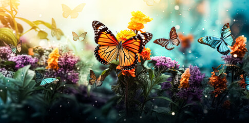 abstract yellow flowers, green leaves, plants, and flying butterflies