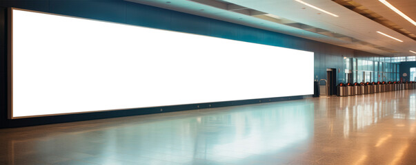 Spacious airport terminal interior with a large blank billboard for advertising, bathed in natural light, suggesting concepts of travel, marketing, and communication. - obrazy, fototapety, plakaty