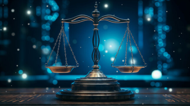 An artistic representation of the scales of justice, focused and well-lit against a sparkling blue bokeh light background, symbolizing law and order.