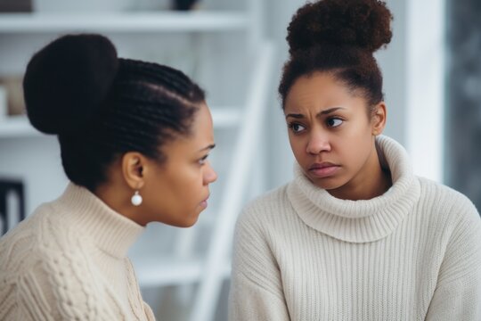 Two young african american women having a thoughtful and meaningful conversation in a beautifully decorated modern living room