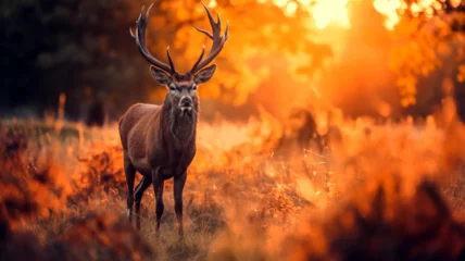 Foto auf Glas deer in autumn forest nature at golden hour sunset wildlife © mr_marcom