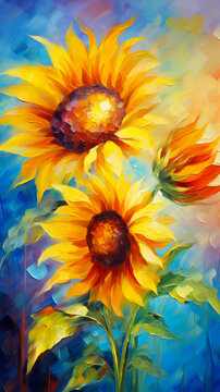 Yellow SunFlowers Brush Strokes Acrylic Painting, Canvas Texture. Background Image for Cellphone, Mobile Phone, Ios, Android
