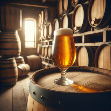 Glass of beer on top of wooden barrel and wood barrels in cellar at the background