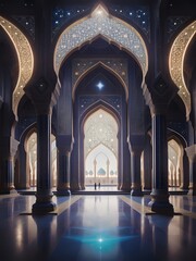 Illustration of Beautiful Interior arches & pillars of a Islamic Mosque with full of stars. Nostalgic Islamic Architecture. Islamic Festival.
