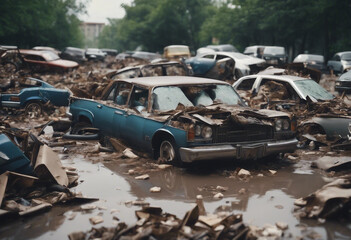 Cars lay in debris after flood disaster