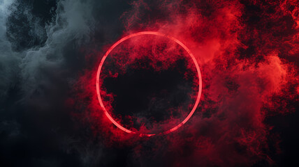 Mysterious Red Neon Circle in a Dark Smoky Atmosphere
