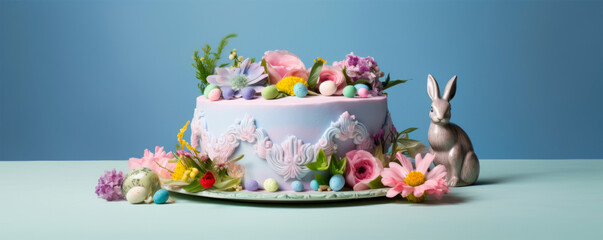 An exquisite cake adorned with pastel flowers and a sculpted rabbit, symbolizing celebration, springtime, and elegance on a serene blue background.