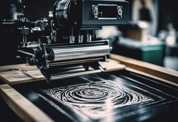 Linocut manual printing on the machine - obrazy, fototapety, plakaty
