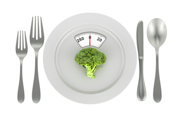 Broccoli on the plate with weight scale. Diet meal concept. 3D rendering