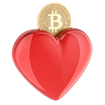Bitcoin with money box in heart shape, 3D rendering isolated on transparent background