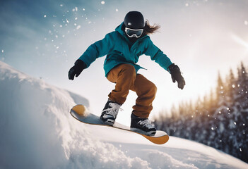 Snowboarder is jumping with snowboard from snowhill