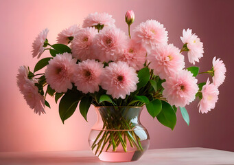 A stylish floral arrangement featuring soft pink blossoms with a warm bokeh light background. Generative AI