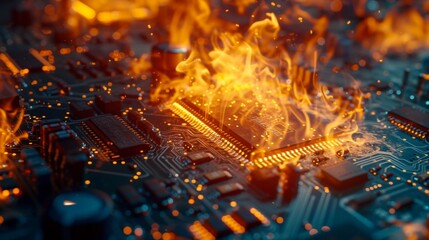 Close-up of a burning microprocessor chip on a circuit board, illustrating critical electronic failure or severe hardware malfunction. - obrazy, fototapety, plakaty