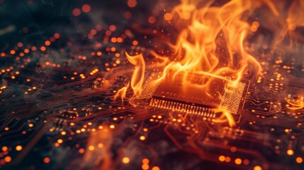 An intense image of a microprocessor chip overheating with flames, symbolic of computer failure, hardware damage or severe system malfunction.