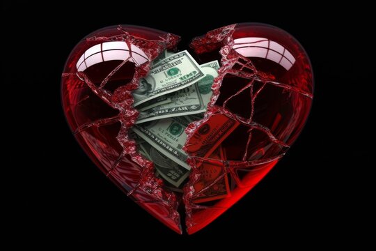 Conceptual image of a shattered red heart encasing dollar bills, symbolizing the intersection of love and money on a dark background.