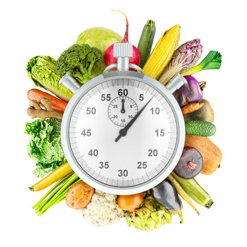Vegetables with stopwatch, 3d rendering isolated on transparent background