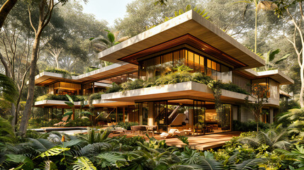 Obraz premium Modern luxury villa with a lush garden, blending contemporary architecture with natural beauty in a serene outdoor setting