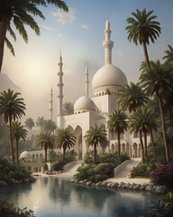 Naklejka premium Illustration of a beautiful Islamic Mosque surrounded by palm trees and a landscapic river during golden hour. Nostalgic Islamic Architecture.