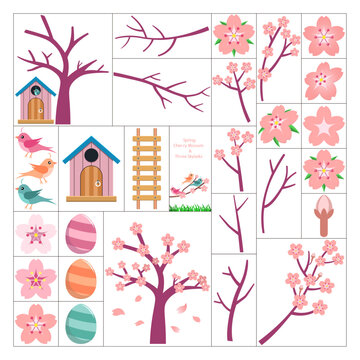 Cherry Blossom Tree and Three Color SkyLark Birds in Spring Season (Vector Graphic Assets Collection)