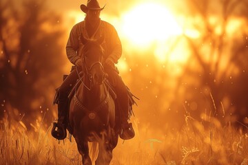 As the fiery sun sets over the open field, a lone cowboy gracefully guides his majestic horse through the tall grass, embodying the freedom and wildness of the great outdoors - obrazy, fototapety, plakaty