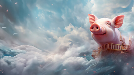 A whimsical pig with wings flies among clouds, with a fantastical city on its back, evoking a dreamy, imaginative world. - obrazy, fototapety, plakaty