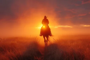 Fototapeten Amidst a breathtaking landscape, a lone rider and his faithful steed bask in the golden glow of the setting sun, surrounded by misty fields and the beauty of nature © Gaga AI