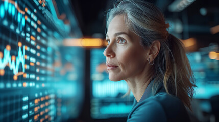 Corporate event: Woman speaks, big screen displays