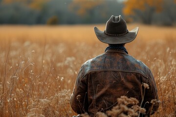 Amidst the golden autumn crops, a rugged man exudes effortless style in his sun-kissed cowboy hat, embodying the essence of the great outdoors - obrazy, fototapety, plakaty