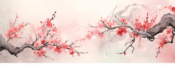 Delicate cherry blossoms in watercolor, the branches spreading across the canvas, evoking feelings of spring, renewal, and the ephemeral beauty of nature.