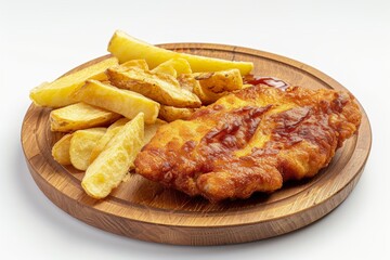 Crispy chicken milanesa with a side of potato chips served on a wooden plate for a quick meal