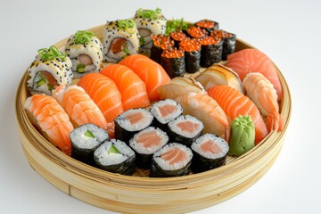 Diverse array of sushi including nigiri, maki, and sashimi presented on a round bamboo plate
